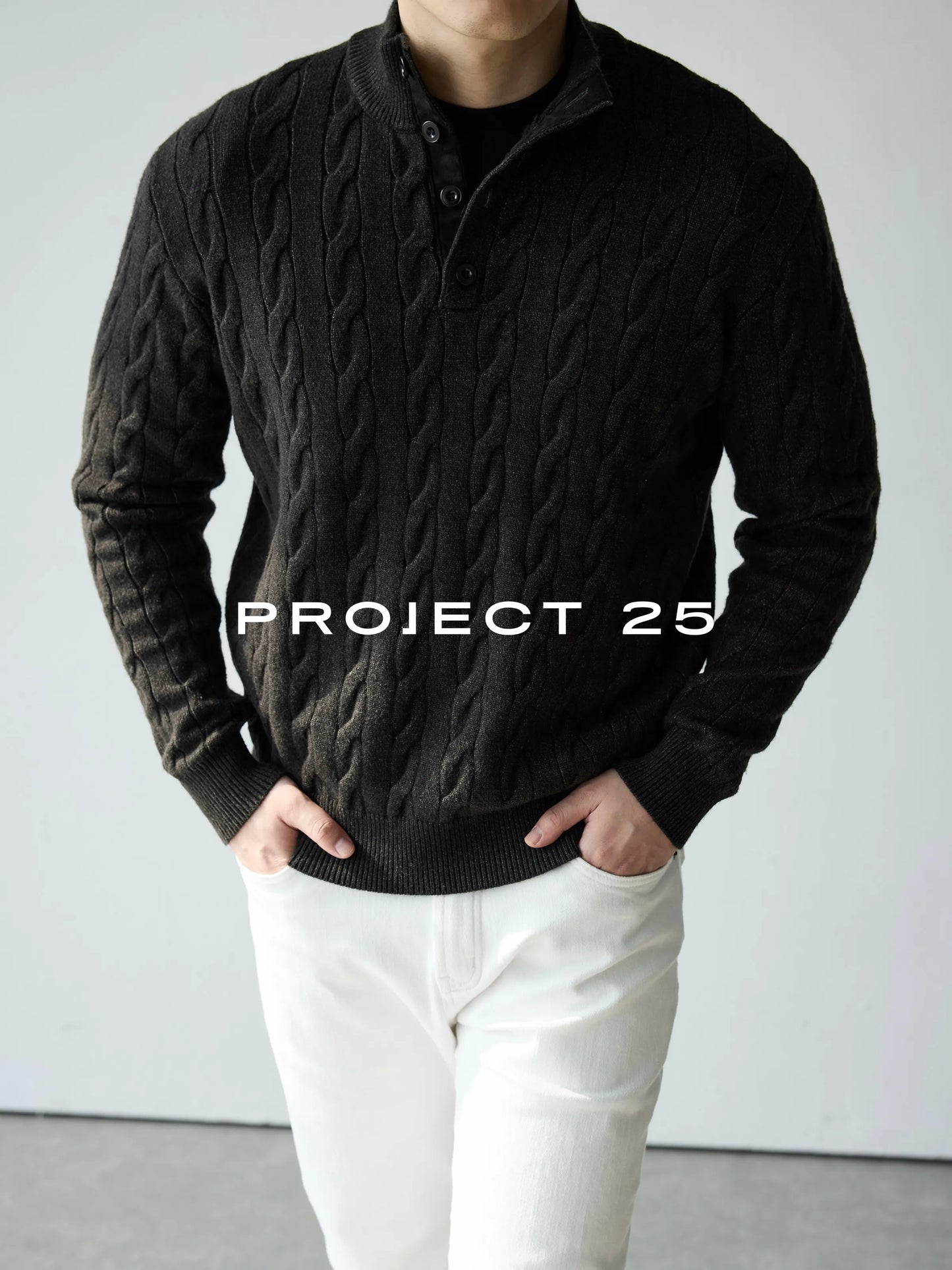 PROJECT 25 Men's American Heritage 4-Button Stand Collar Cable Knit Sweater – Premium Wool Business Casual Pullover