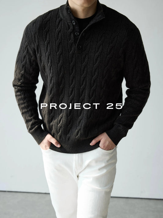 PROJECT 25 Men's American Heritage 4-Button Stand Collar Cable Knit Sweater – Premium Wool Business Casual Pullover