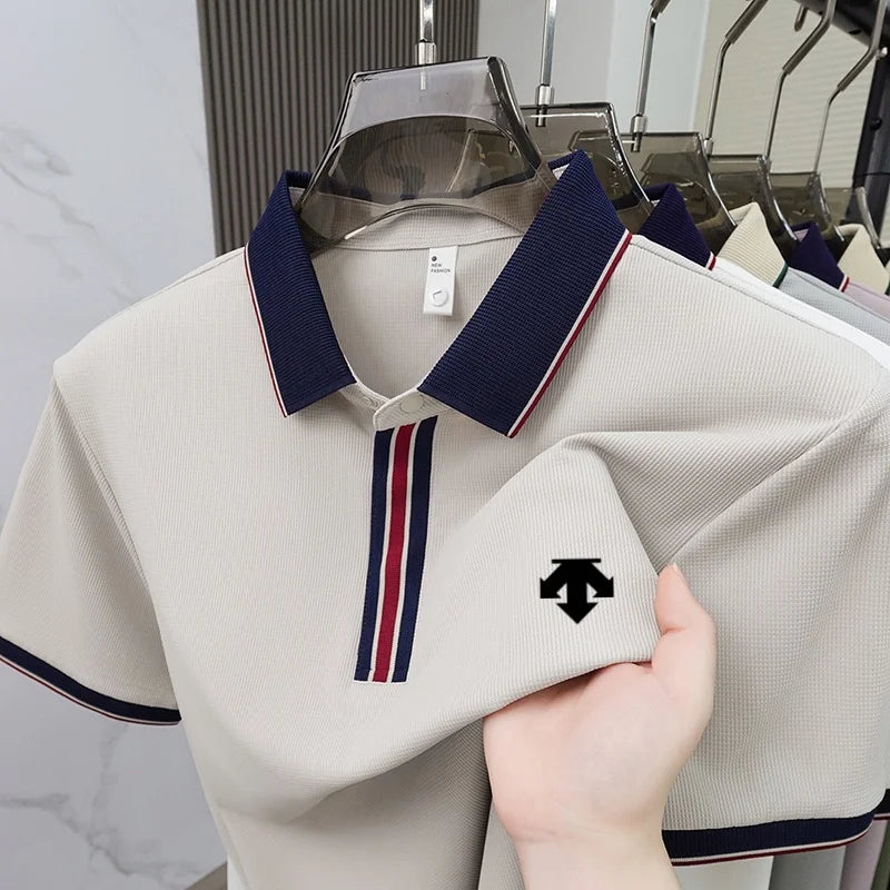 2026 Summer Luxury Men's Polyamide Polo Shirt Fine Embossed Texture Slim Fit Lightweight Stretch Breathable Business Casual Golf