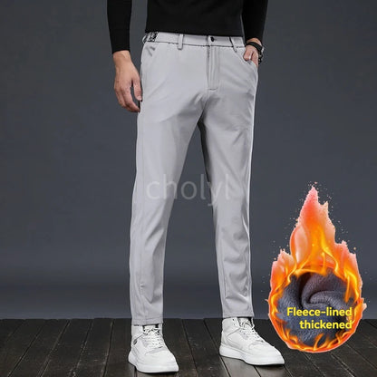 Winter Fleece Golf Casual Pants Men Business Slim Stretch Jogger Thick Trousers Korean Classic Elastic Waist Velvet Male Pants