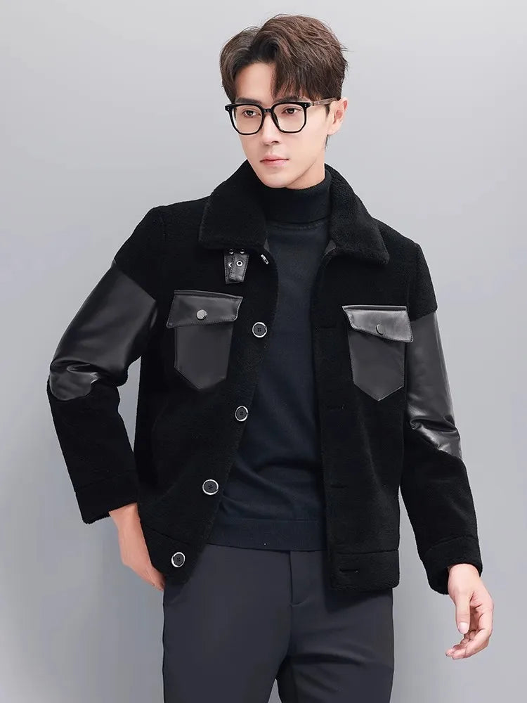 Mens Winter Real Sheep Fur Jacket Lapel Collar Single Breasted Business Work Warm Padded Coat Spliced Real Sheepskin Jacket 5XL