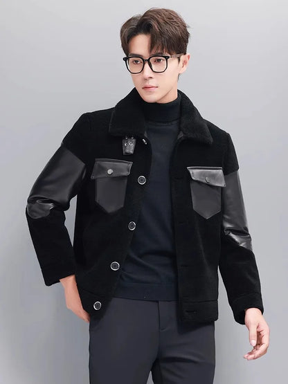 Mens Winter Real Sheep Fur Jacket Lapel Collar Single Breasted Business Work Warm Padded Coat Spliced Real Sheepskin Jacket 5XL
