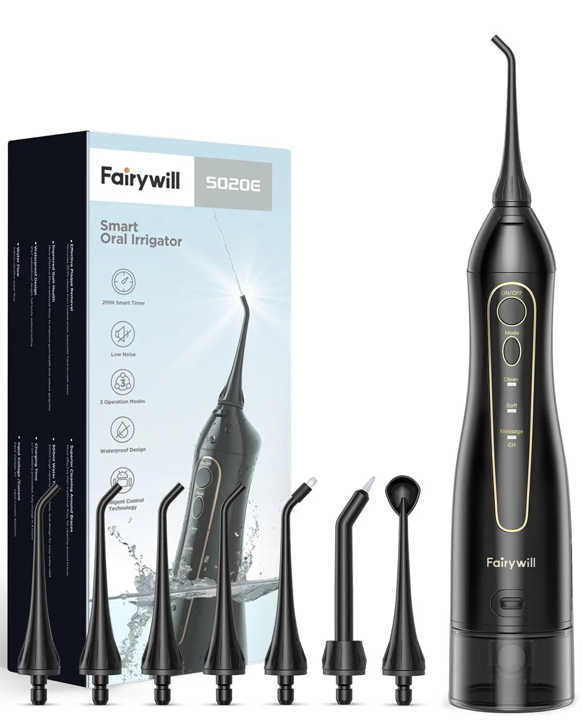 Fairywill Electric Portable Dental Water Flosser Oral Irrigator USB Rechargeable Waterproof 3 Modes Jet Tooth Pick 7Tips Cleaner