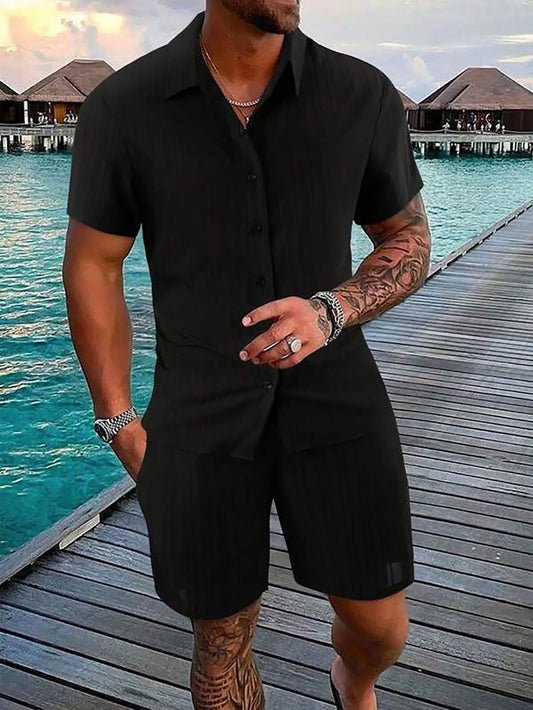 Spring And Summer New Sports Men's Polo Casual Solid Color Loose Short-sleeved Drawstring Shorts Cardigan Striped Sports Suit