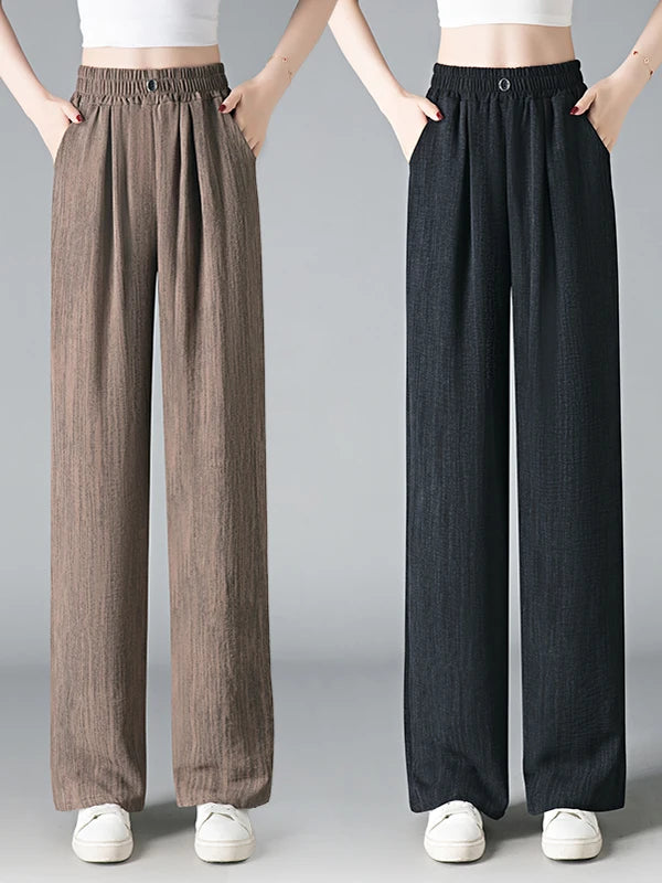 Ice Silk Slim Wide Leg Pants Women's Summer Drapey High Waist Straight Casual Lazy Floor Length Pants Cool Pants