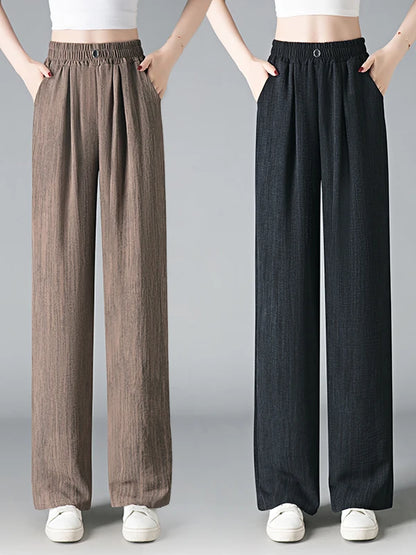 Ice Silk Slim Wide Leg Pants Women's Summer Drapey High Waist Straight Casual Lazy Floor Length Pants Cool Pants
