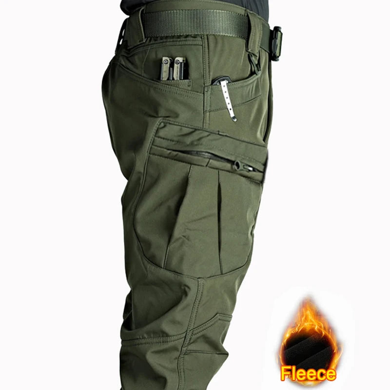 Men's Tactical Softshell Pants Fleece Autumn Winter Cargo Trousers Military Combat Hiking Camping Climbing Casual Sportswear