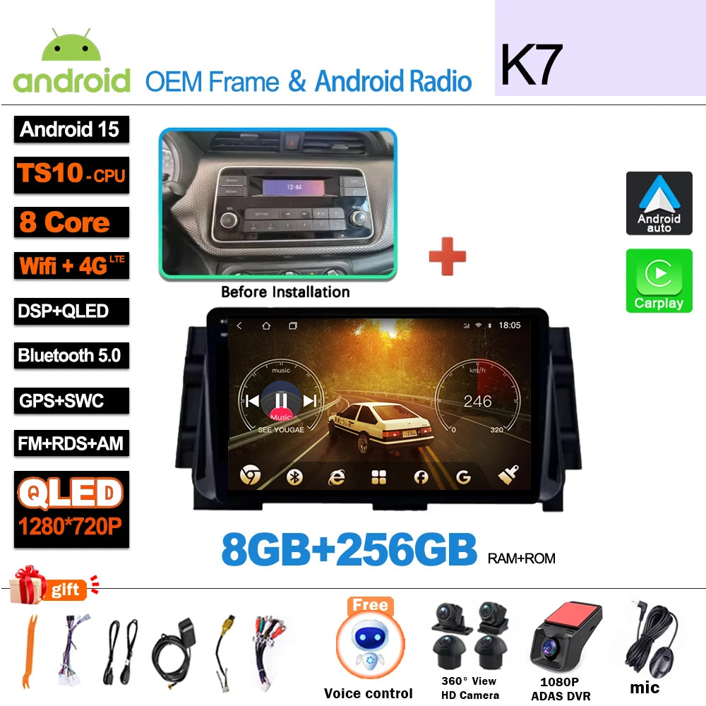Android 16For NISSAN MICRA KICKS 2017 2018 2019 4G WIFI Car Radio Multimedia Video Player GPS Navigation No 2Din Touch Screen