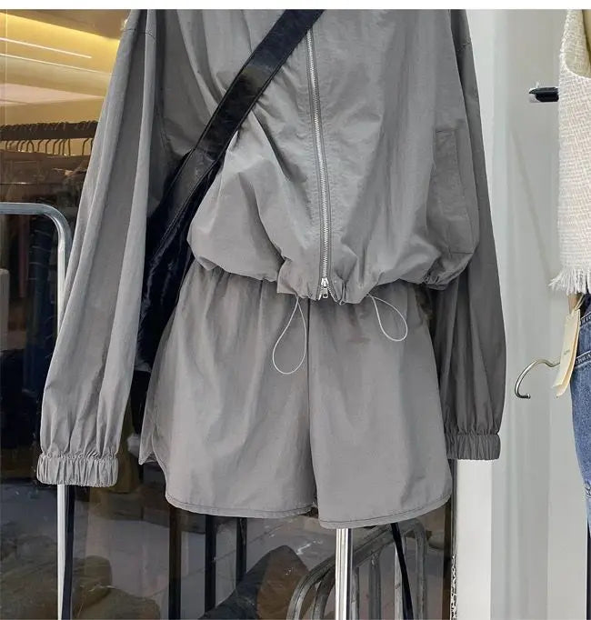 Summer Lightweight Casual Sportswear Set for Women with Stand Collar Drawstring Jacket And Wide Leg Shorts Two Piece Suit