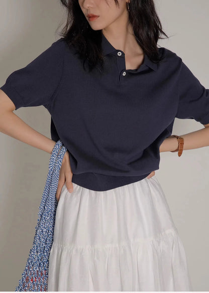 Women's Blue Ice Silk Knitted Polo Shirt Short Sleeve French Lapel Top Thin Summer High-Grade Shoulder T-Shirt