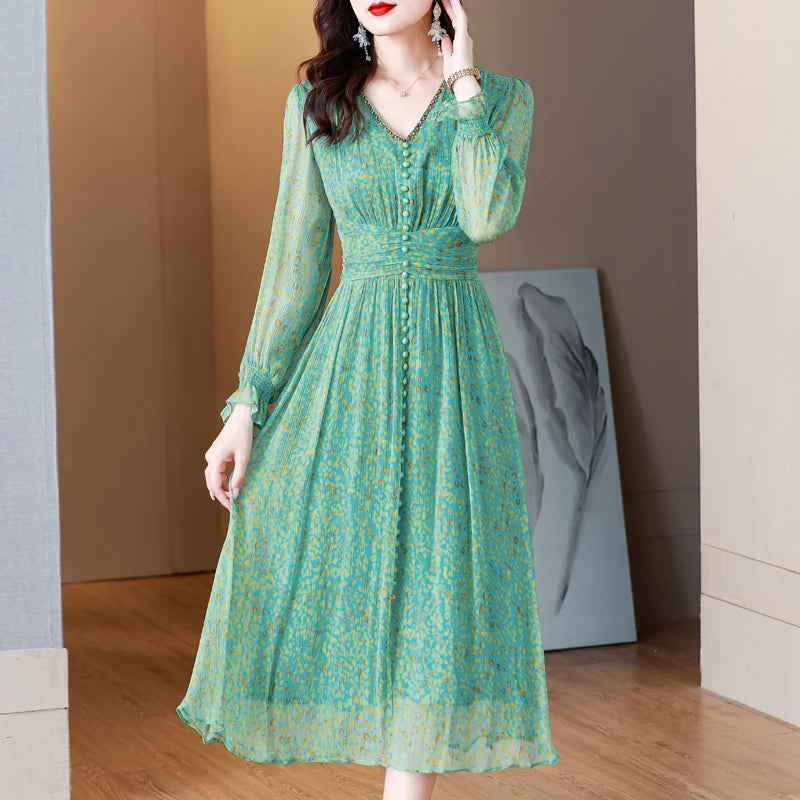 Spring Summer Green Floral Silk Long Dress Women Fashion Casual Holiday Beach Dress 2024 Korean Elegant Luxury Dance Party Dress