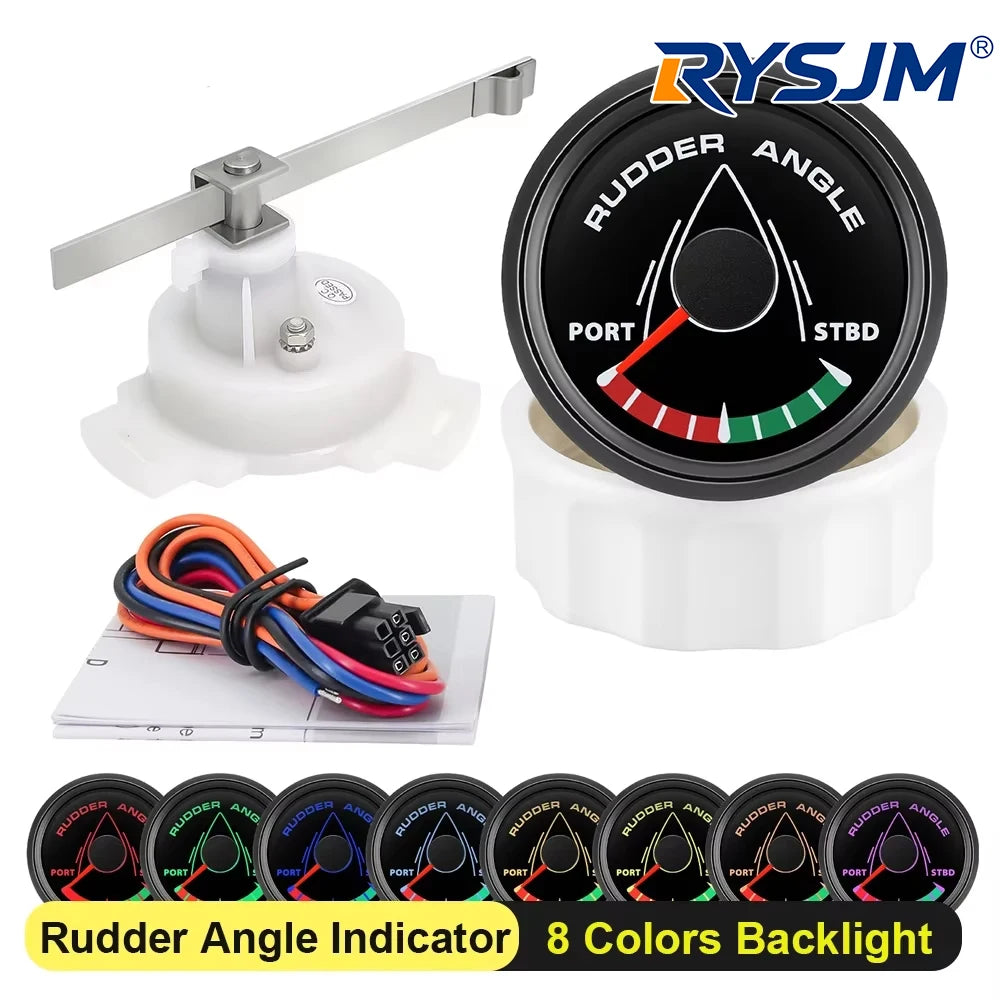 52MM Rudder Angle Indicator with 8 colors backlight Waterproof Rudder Position Gauge with Sensor 0-190ohm for Boat Yacht Marine