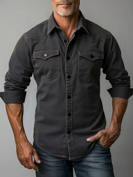 Men's Denim Shirt for Spring and Autumn, Vintage Topstitch Work Shirt, Handwashed Distressed Long Sleeve Shirt, Western Cowboy S