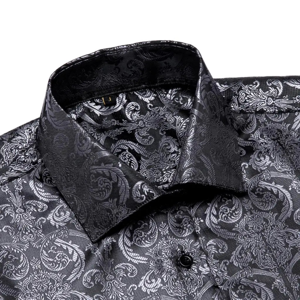 Hi-Tie Mens Shirts Jacquard Paisley Floral Long Sleeve Lapel Shirt Blouse Outerwear Wedding Office Breathable High Quality