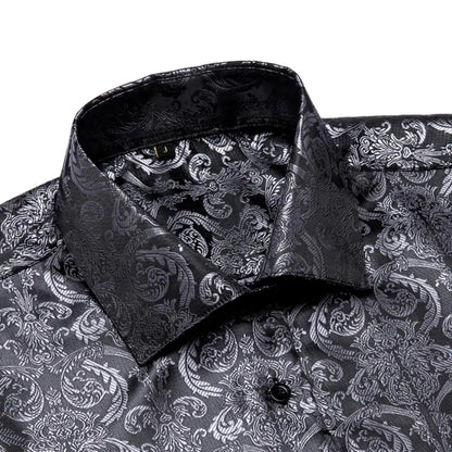 Hi-Tie Mens Shirts Jacquard Paisley Floral Long Sleeve Lapel Shirt Blouse Outerwear Wedding Office Breathable High Quality