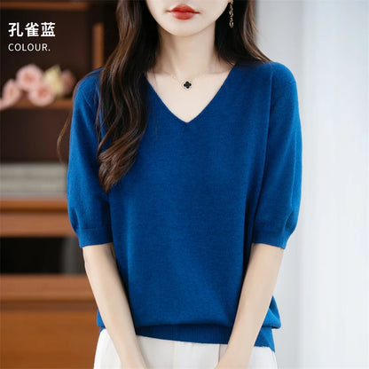 Thin Worsted Wool Short-Sleeved Women's Loose Round Neck T-shirt Printed Summer Fashion Knitted Bottoming Shirt Half-Sleeved
