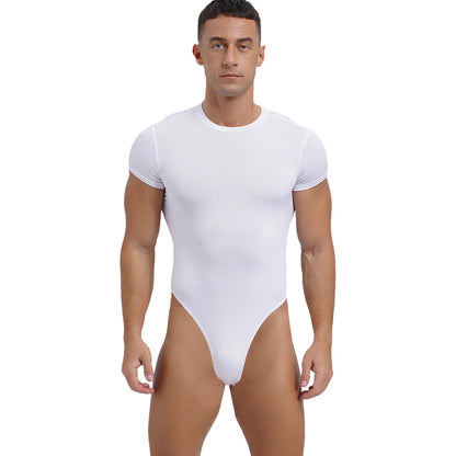 Mens Athletic Bodysuit Shirt Round Neck Short Sleeve High Cut Leotard Button Crotch Jumpsuit Rompers Bodybuilding Yoga Underwear