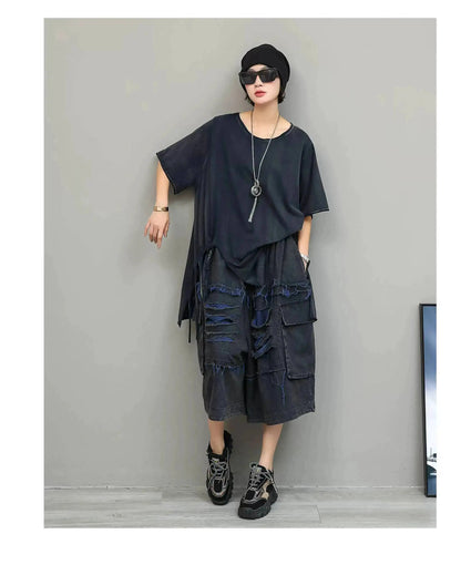 Trendy Cool Fashion Top Women Distressed Asymmetrical Mid-length T-shirt Loose LX5861