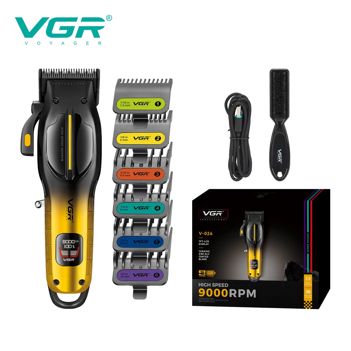 VGR high-end professional hair clipper gradient metal body hair trimmer 9000 RPM LCD digital display electric push shear V-026