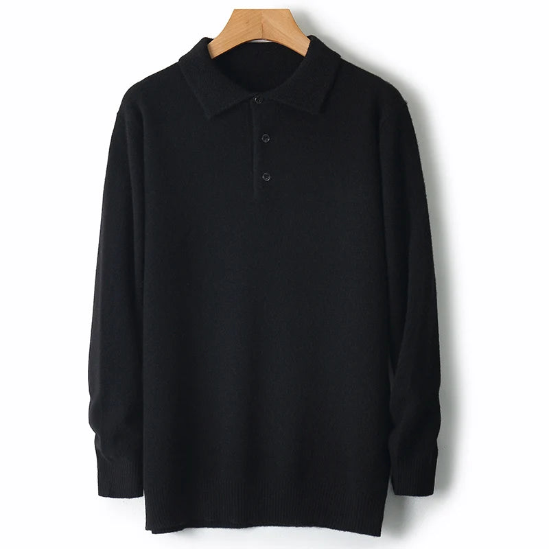 Autumn And Winter 100% Pure Wool Men's Polo Lapel Sweater Loose Large Size Casual Knit Bottoming Shirt
