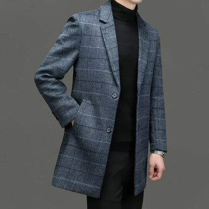 Men's Tweed Coat Spring Autumn Plaid Woolen Windbreaker Youth Mid-Length Casual Handsome High-End Jacket Male Model
