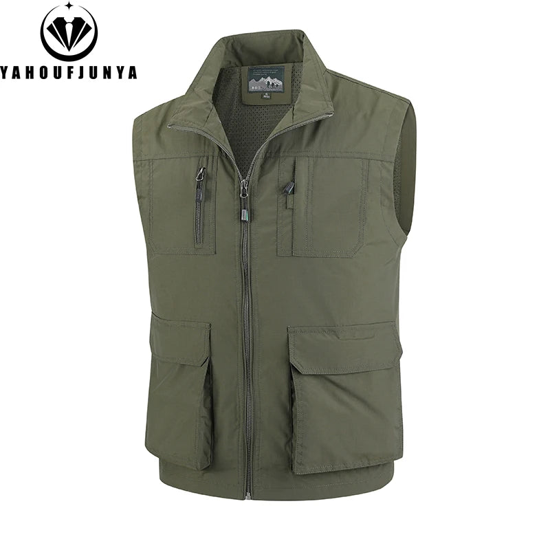 2026 Summer Men Sleeveless Cargo Leisure Work Lapel Vest Men Outdoor Solid Color Fishing Camping Thin Pocket Vest Male Waistcoat