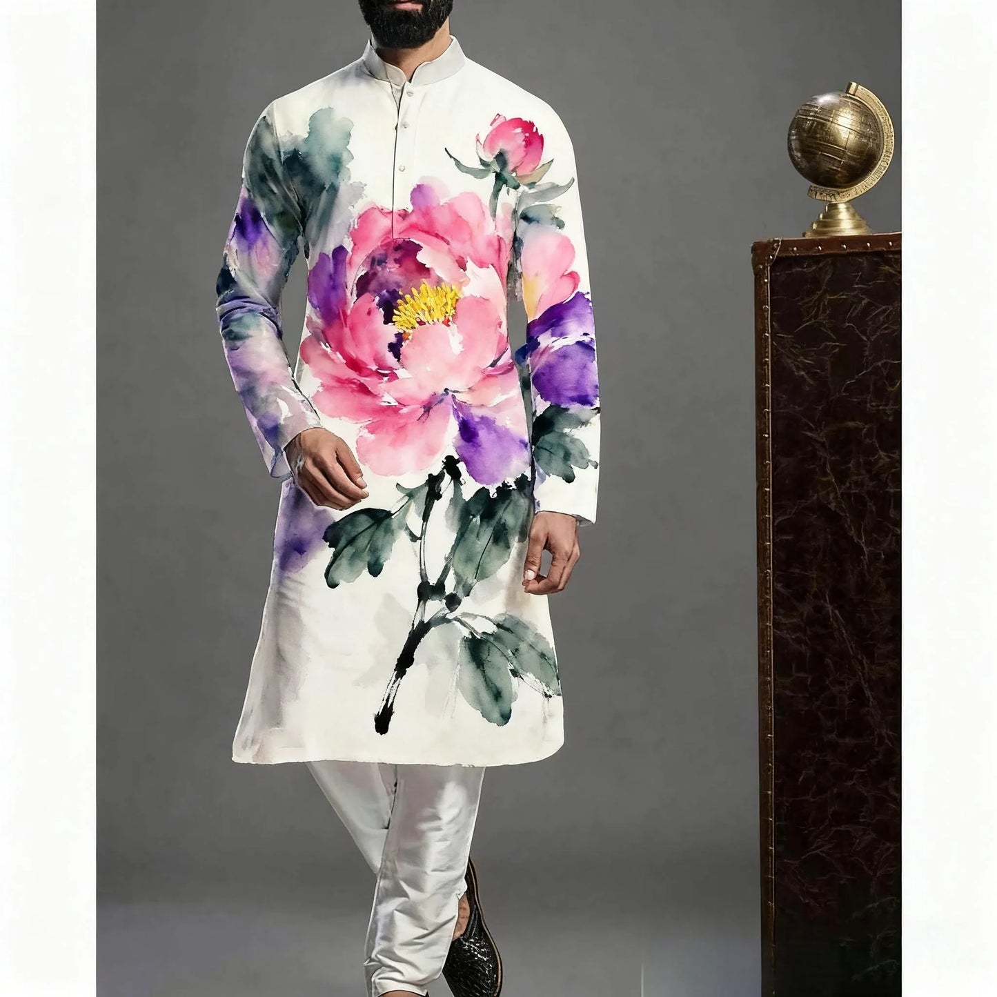 2026 Muslim Tops Men's Ethnic Style Long-sleeved Stand-up Collar Shirts Casual Slim Irregular Ropa Musulmana Hombre
