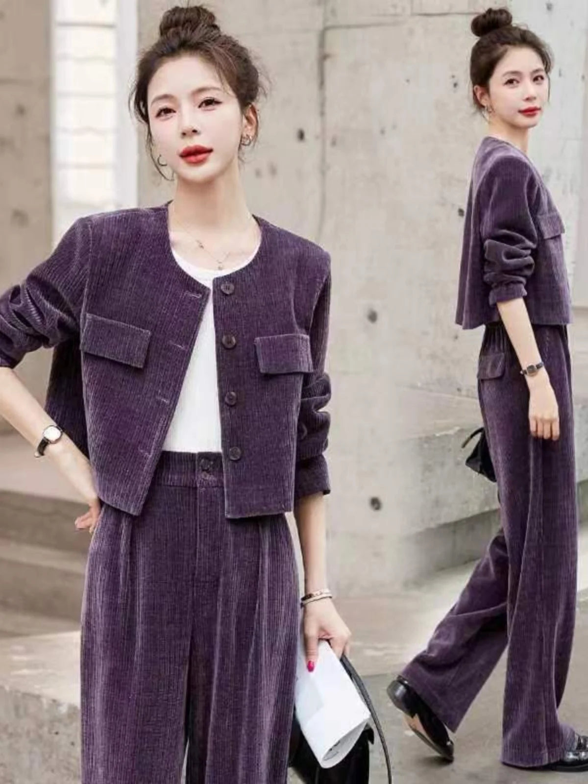 Fashionable Corduroy Set Women's Autumn Winter New Style Elegant Lady Fragrance Wind Coat Wide Leg Pants Two Piece Suit