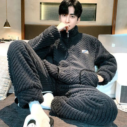 Men's Coral Fleece Pajamas Thickened Flannel Home Clothes Set Autumn Winter Style Long Sleeve Warmth Guarantee Home Scence