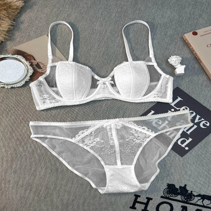 Moda Conjunto Lencería Encaje Francés Bordado Copas Oreja De Conejo Alambre Suave Push Up Respirable Adelgazante Cómodo