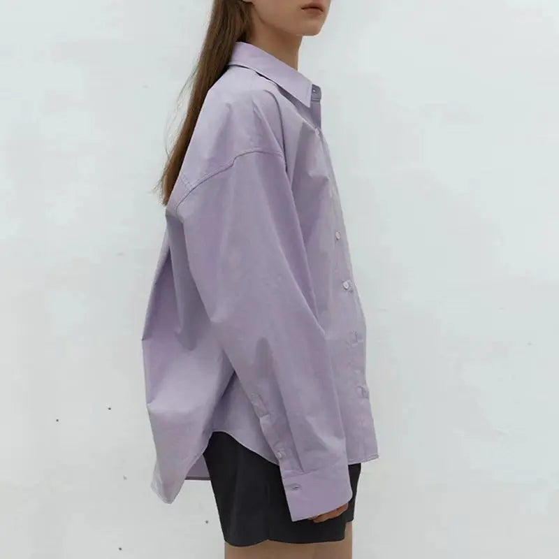 100% Cotton Loose Solid Color Basic Shirt For Women Spring 2026 Elegant Office Ladies Lapel Collared Cardigan Long-Sleeve Shirts