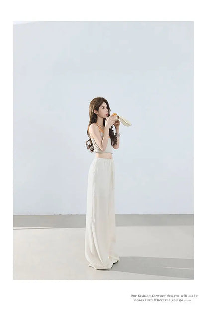 Loose wide-leg pants, classic style, drapey floor-length with drawstring, versatile thin linen straight casual pants for women