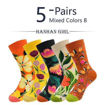 5 Pairs New Arrivals Combed Cotton Women Socks Unisex Cute Floral Styles 8 Color Happy Funny Casual Female Breathable Crew Socks