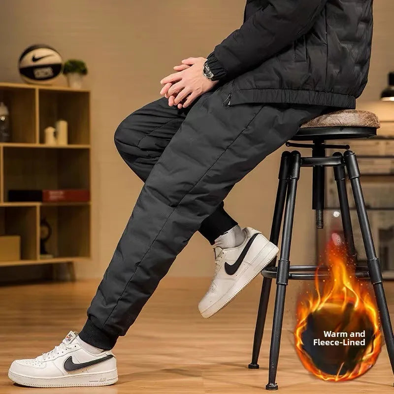 plus Size down Pants Men's Outdoor High Waist Loose Fit Thickened Duck down Warm Windproof Long Trousers Fashionable Casual Wear