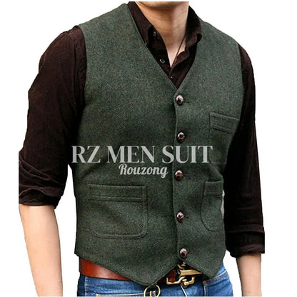 Mens Vintage Tweed Suit Vest V Neck Casual Wool Waistcoat for Wedding Groomsmen chaleco hombre