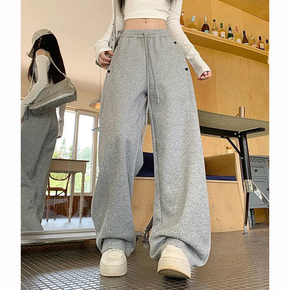 Girls Solid Loose Fit High Waist Trousers 2025 Classic Female Wide Leg Sweatpants Women Korean Fashion Casual Pants