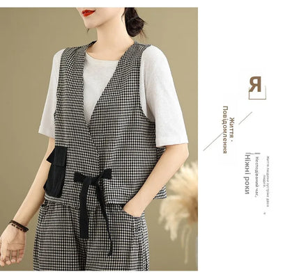 Fashionable Cotton Linen Plaid Set Casual Loose V-neck Tank Top And Lantern Pants Eighteen Loose Two-piece Set for Women
