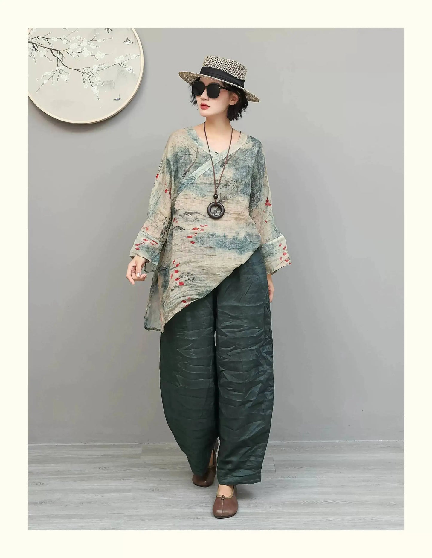 Artistic Ramie Suit Women Summer Printed Lightweight V-neck Mid-length Top + Loose Pants Two-piece Set XY307