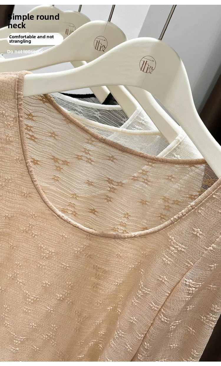 Sexy Lace Base Shirt Inner Wear Light Mesh Top Floral Trim Shoulder Exposure Thin Nylon Fabric Long Sleeve round Neck Spring ...