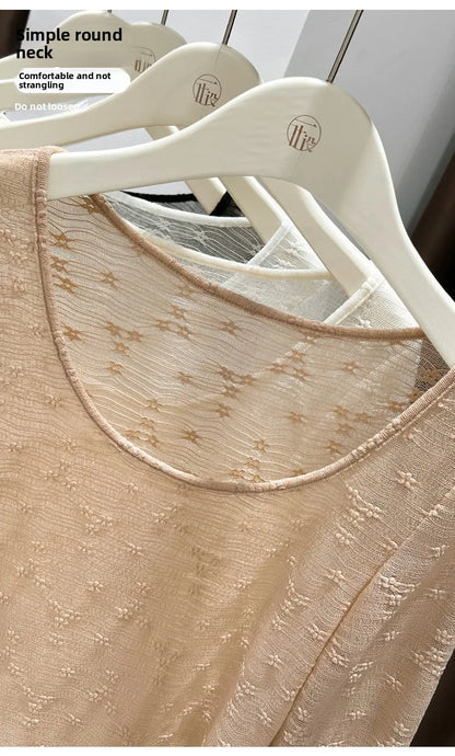 Sexy Lace Base Shirt Inner Wear Light Mesh Top Floral Trim Shoulder Exposure Thin Nylon Fabric Long Sleeve round Neck Spring ...
