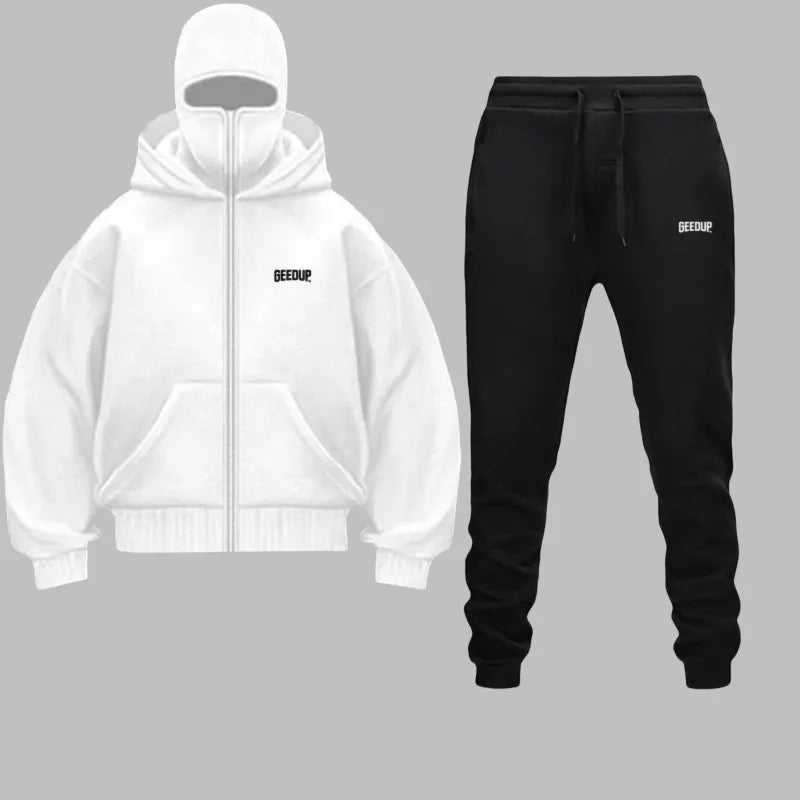 2025 Autumn Winter Men Zippered Hooded Sweatshirt Set - Balakrava Street Fashion Windproof Ninja Letter Design Two-Piece Set