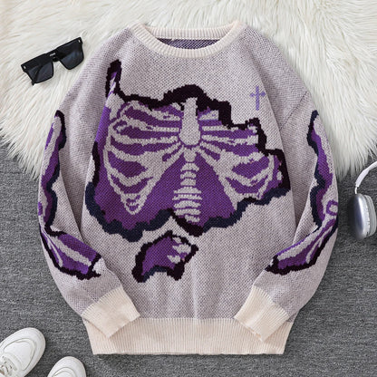 New Trendy Autumn and Winter Skeleton Pattern Pullover Sweater, Casual Round-Neck Color-Blocking Knit Men's Pullover