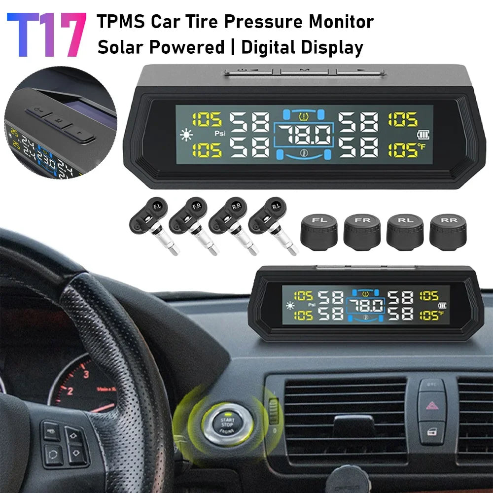 T17 Car Wireless TPMS Tire Pressure Monitor Solar/USB Powered LCD Digital Display Tire Pressure Monitoring System For SUV Truck