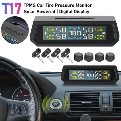 T17 Car Wireless TPMS Tire Pressure Monitor Solar/USB Powered LCD Digital Display Tire Pressure Monitoring System For SUV Truck