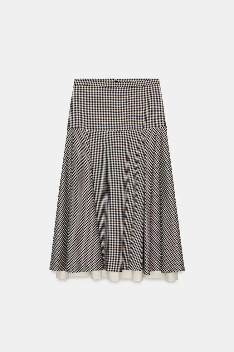 Color Block Plaid Pilot Jacket Coat High Collar Long Sleeve Women's Spring Fashion Set with Midi Skirt Spring Season Pattern
