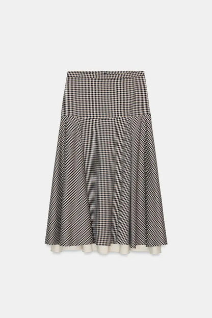 Color Block Plaid Pilot Jacket Coat High Collar Long Sleeve Women's Spring Fashion Set with Midi Skirt Spring Season Pattern