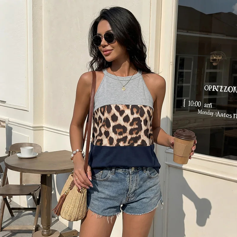 Women's Leopard Print Tank Top Patchwork Halter Neck Sleeveless Summer Top Color Block Casual Vacation Outfit 2026