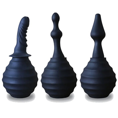 Black Liquid Silicone Anal Douche Enema Bulb - Anti-Backflow Anal Cleaner with Multiple Nozzles, Colon Cleansing Sex Toy for Men