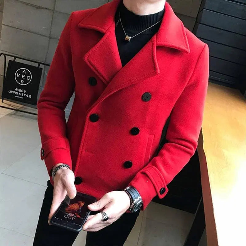 Men's Woolen Coat Short Thickened Winter Fashionable Slim Fit Double Breasted Nylon Jacket Korean Style Windbreaker Outerwear