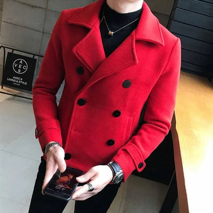 Men's Woolen Coat Short Thickened Winter Fashionable Slim Fit Double Breasted Nylon Jacket Korean Style Windbreaker Outerwear